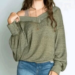 We The Free People South Side Thermal Waffle Knit Top Oversized Army Olive Green
